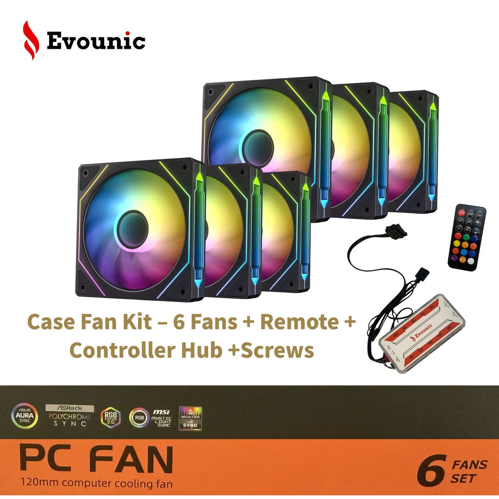 Evounic 120mm RGB/ARGB Case Fan Kit with Remote Control and 6-Port Controller Hub, Quiet Cooling 6-Pack PC Fans for Gaming Desktop Computers