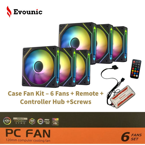 Evounic 120mm RGB/ARGB Case Fan Kit with Remote Control and 6-Port Controller Hub, Quiet Cooling 6-Pack PC Fans for Gaming Desktop Computers