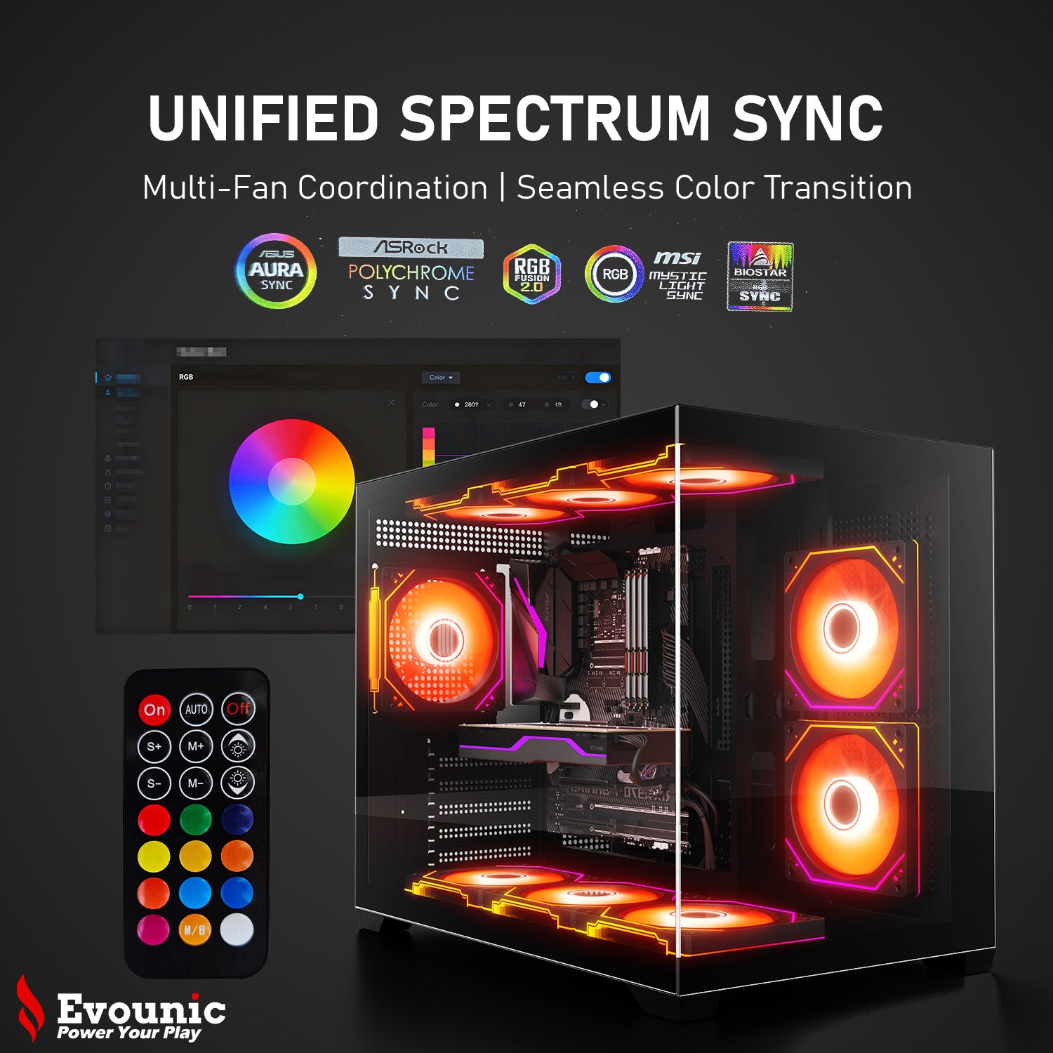 Evounic 120mm RGB/ARGB Case Fan Kit with Remote Control and 6-Port Controller Hub, Quiet Cooling 6-Pack PC Fans for Gaming Desktop Computers