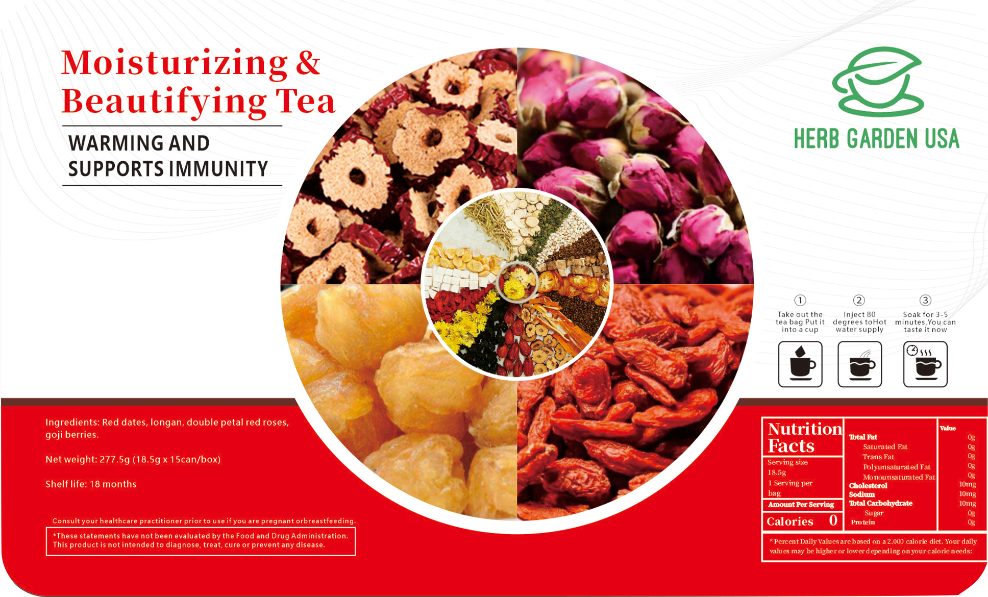 Bebida de material natural de té de hierbas - Té hidratante y embellecedor 277 g (18,5 g x 15 latas)