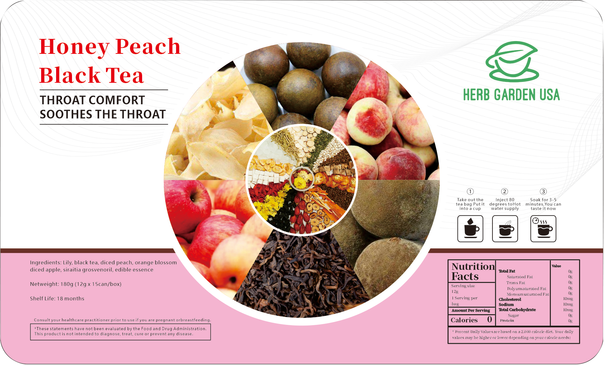 Bebida de material natural de té de hierbas - Té negro de melocotón y miel 180 g (12 g x 15 latas) 