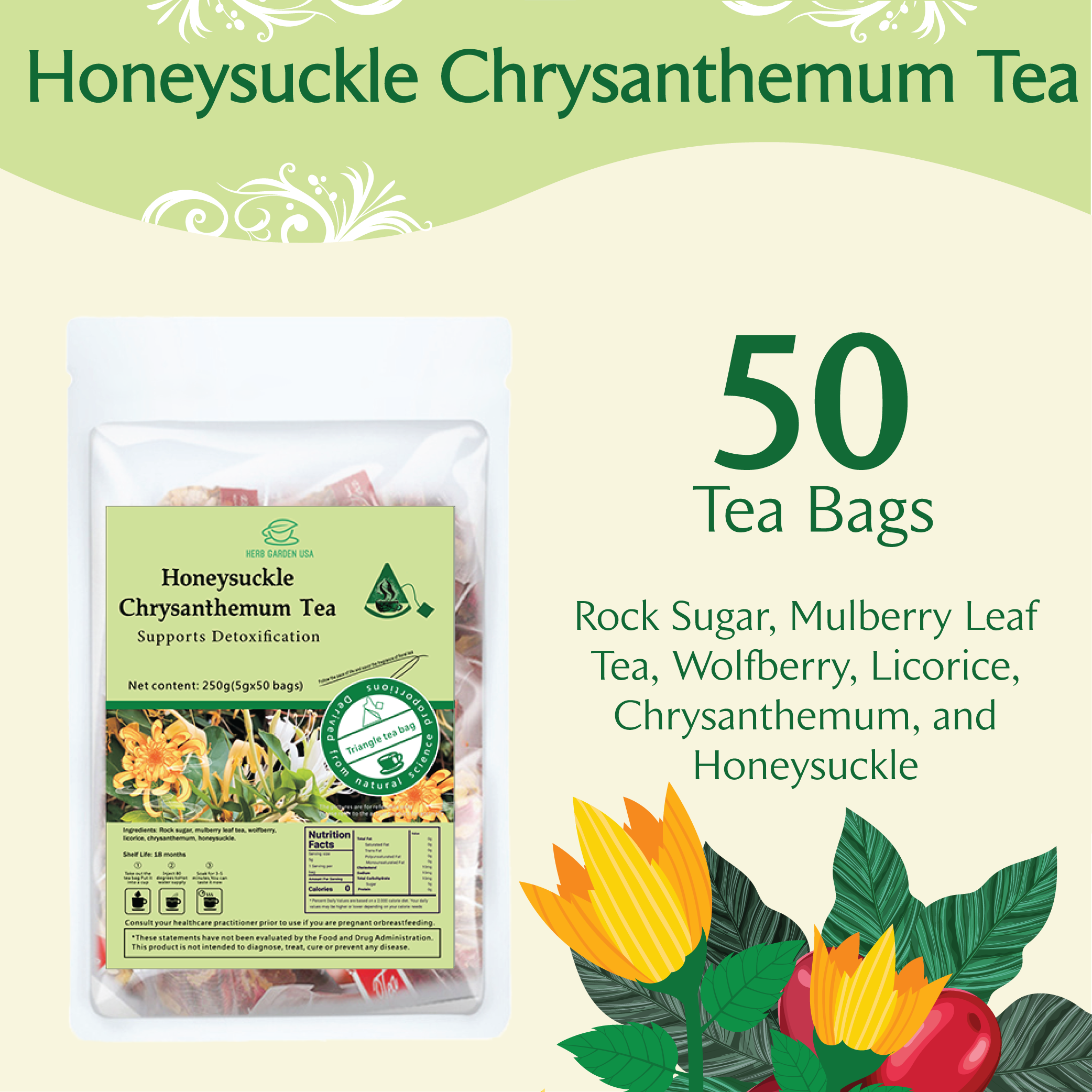 Goddess Loose Leaf Herbal Fruit Flower Tea - Honeysuckle Chrysanthemum Tea & Mulberry Rose Tea - 75 teabags (17.6oz) - Detox, Vitamin C, a Good Night's Sleep