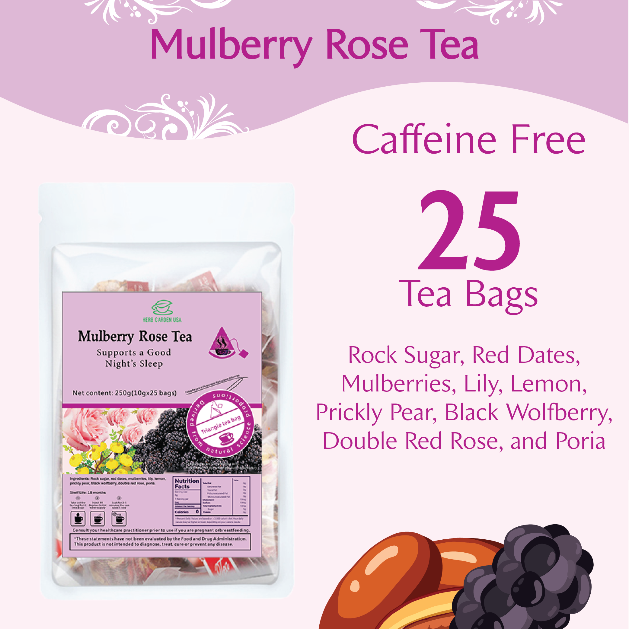 Goddess Loose Leaf Herbal Fruit Flower Tea - Honeysuckle Chrysanthemum Tea & Mulberry Rose Tea - 75 teabags (17.6oz) - Detox, Vitamin C, a Good Night's Sleep