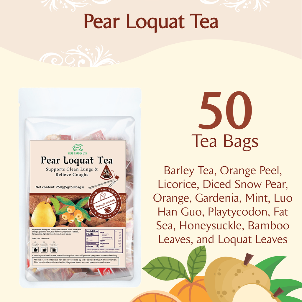 Benefits Wellness Herbal Fruit Loose Left Tea Beverage - Pear Loquat Tea 8.8oz (50 teabags) - Caffeine Free - Clear smokers Lungs, detox, Throat Comfort, Great Taste, Stress Relief, 100% Natural Whole Material No Gluten