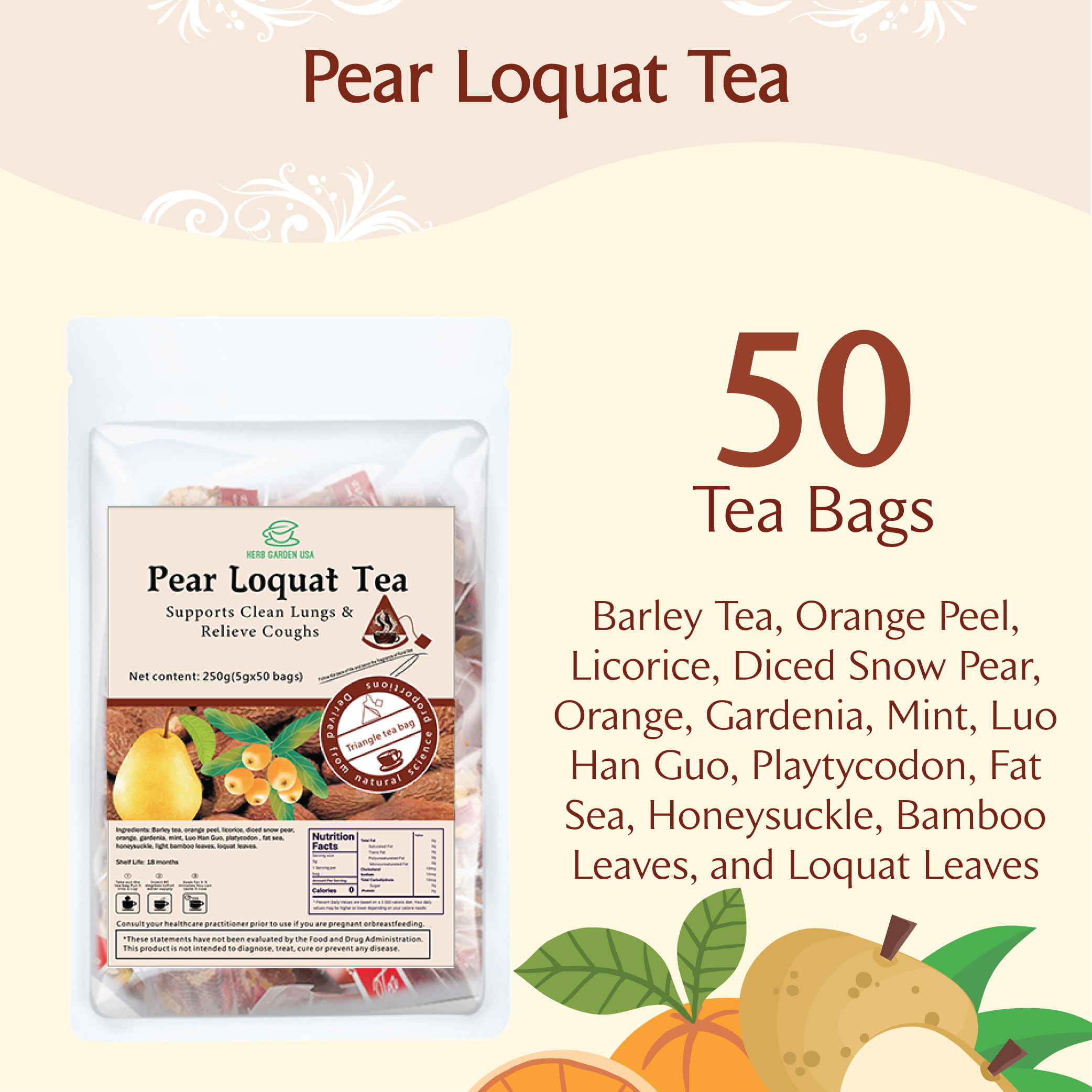 Goddess Loose Leaf Herbal Fruit Flower Tea - Pear Loquat Tea & Honeysuckle Chrysanthemum Tea - 100 teabags (17.6oz) - Lungs, Coughs, Deto