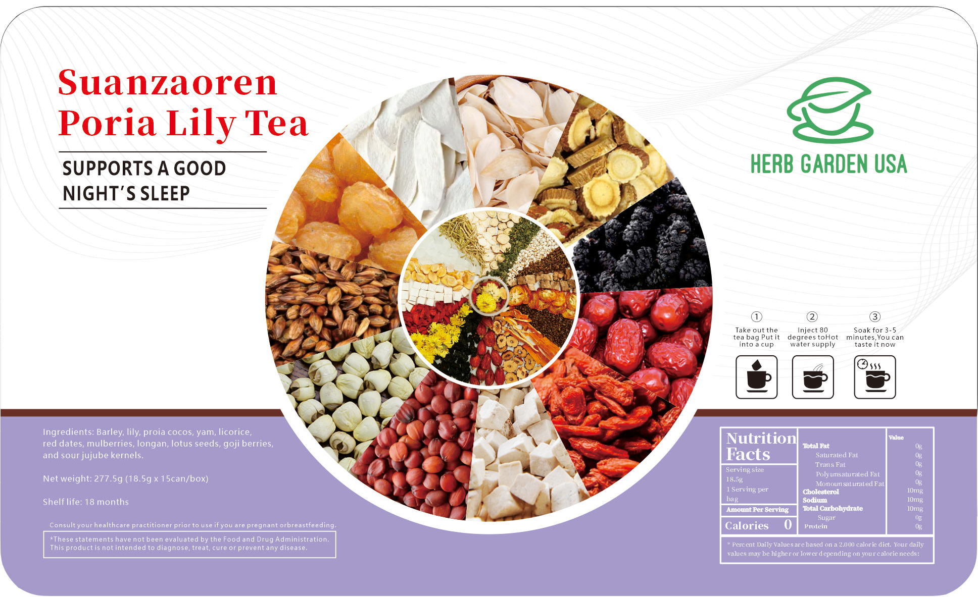 Bebida de material natural de té de hierbas - Té de lirio de poria Suanzaoren 277 g (18,5 g x 15 latas) 