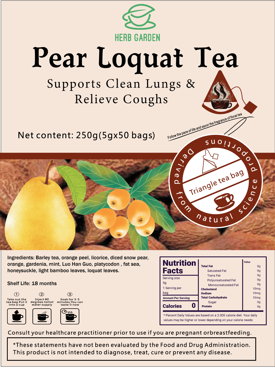 Benefits Wellness Herbal Fruit Loose Left Tea Beverage - Pear Loquat Tea 8.8oz (50 teabags) - Caffeine Free - Clear smokers Lungs, detox, Throat Comfort, Great Taste, Stress Relief, 100% Natural Whole Material No Gluten