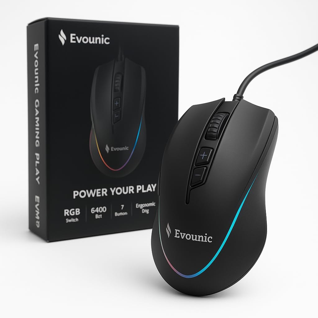 RGB Wired Gaming Mouse, 6400 DPI Adjustable, 7‑Button Ergonomic Optical Mouse with On‑The‑Fly DPI Switch & Side Buttons, USB PC Mouse for Gaming and Work, RGB Light Strip, Windows/Mac/Linux Compatible