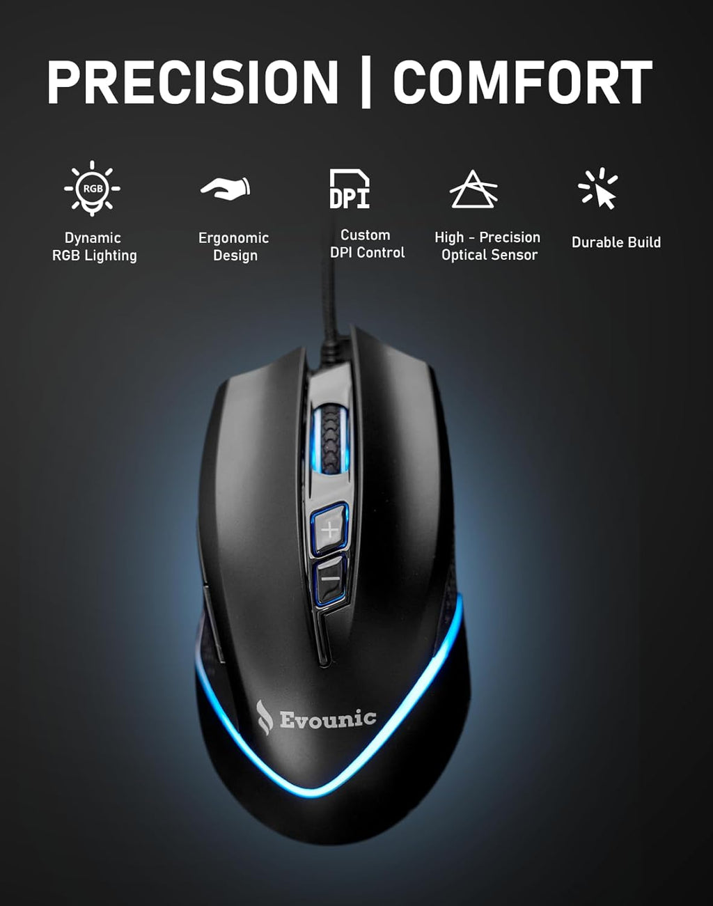 RGB Wired Gaming Mouse, 6400 DPI Adjustable, 7‑Button Ergonomic Optical Mouse with On‑The‑Fly DPI Switch & Side Buttons, USB PC Mouse for Gaming and Work, RGB Light Strip, Windows/Mac/Linux Compatible