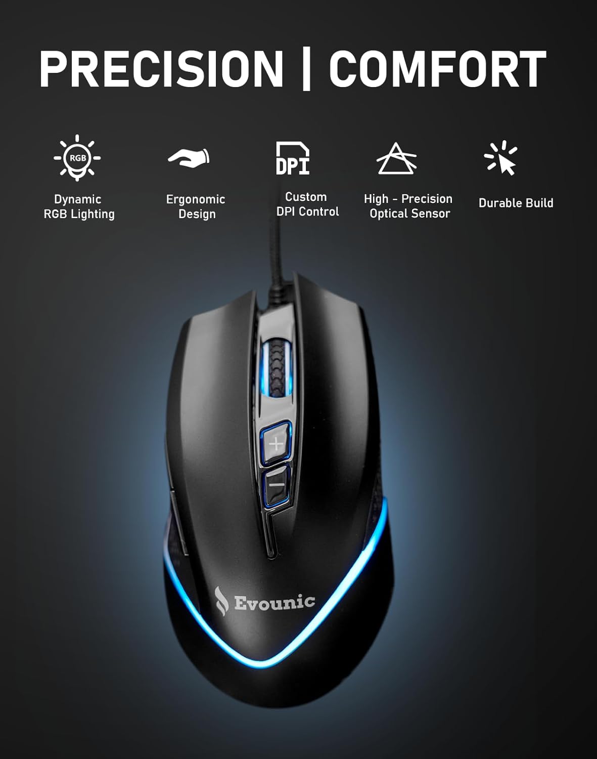RGB Wired Gaming Mouse, 6400 DPI Adjustable, 7‑Button Ergonomic Optical Mouse with On‑The‑Fly DPI Switch & Side Buttons, USB PC Mouse for Gaming and Work, RGB Light Strip, Windows/Mac/Linux Compatible
